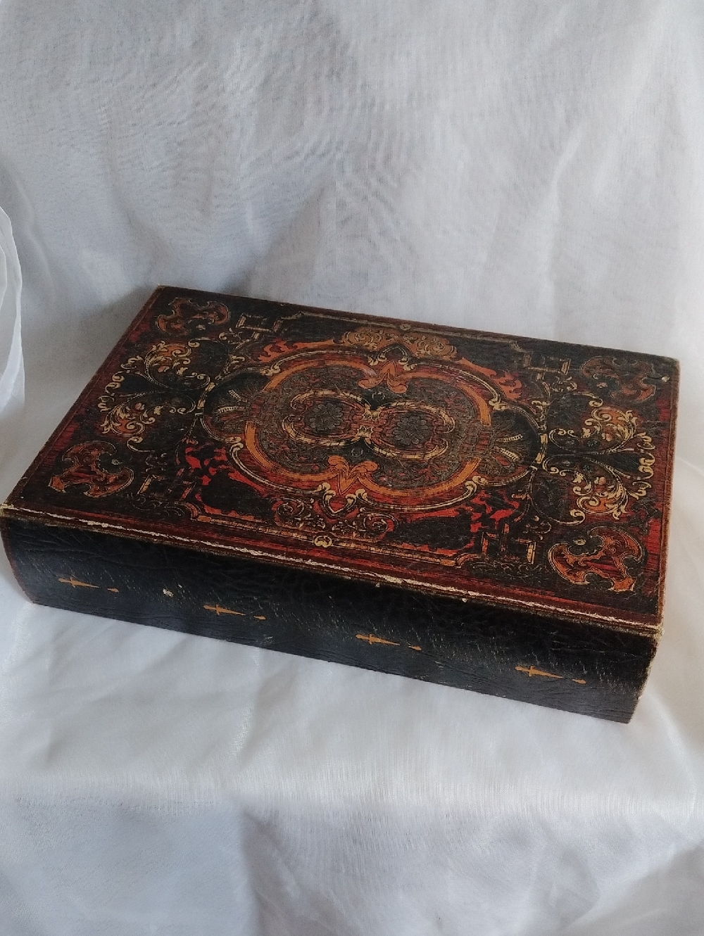 Decorative Vintage-Style Black and Red Ornate Storage Box